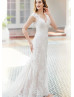 Cap Sleeves Ivory Lace Tulle V Back Romantic Wedding Dress